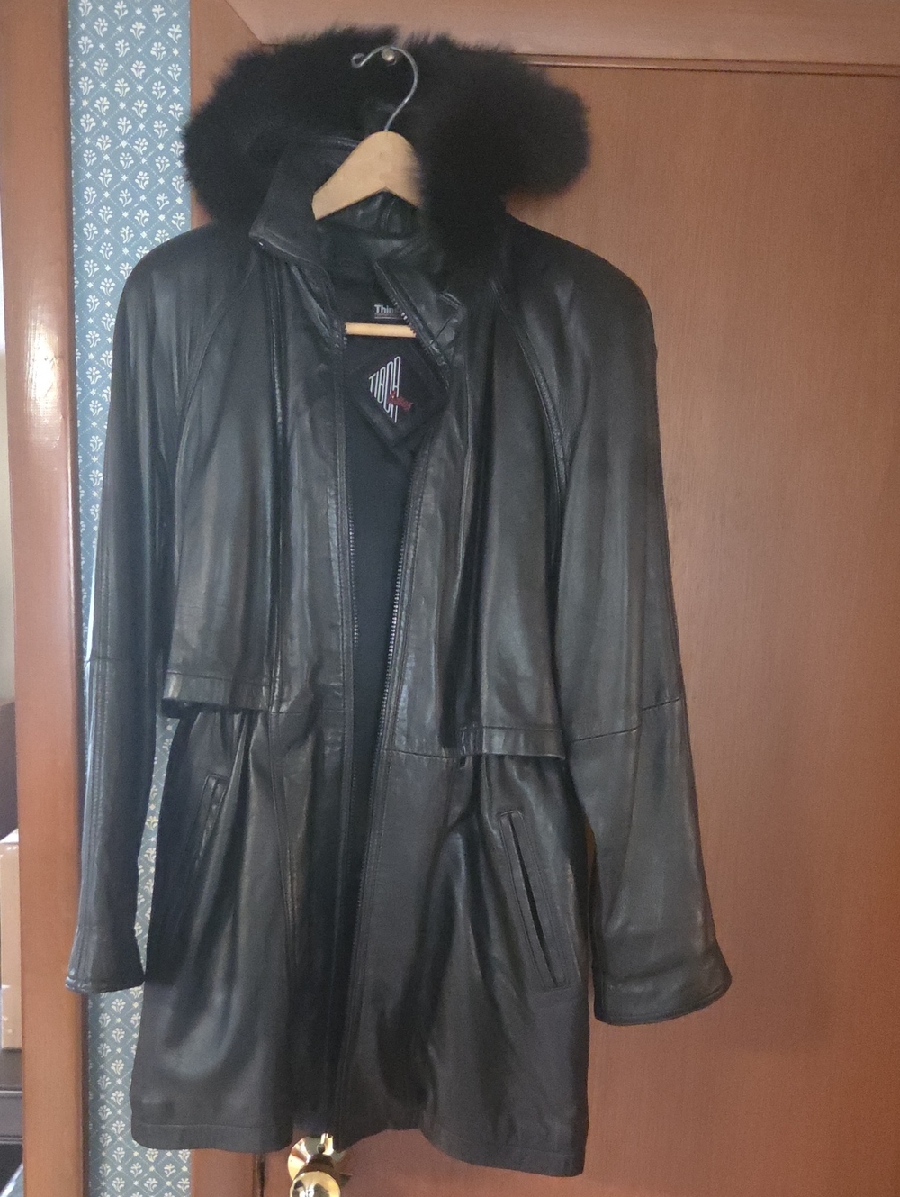 Thinsulate Black Leather Coat Jacket w/ Removable Fur Trim Hood Small